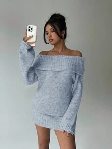 Aloruh Gaun Mini Lengan Panjang Kerah Tinggi Model Bahu Terbuka Warna Abu-abu, Atasan Longgar Bawahan Ketat, Cocok Untuk Wanita Muda, Musim Gugur/Musim Dingin - Biru - View 7