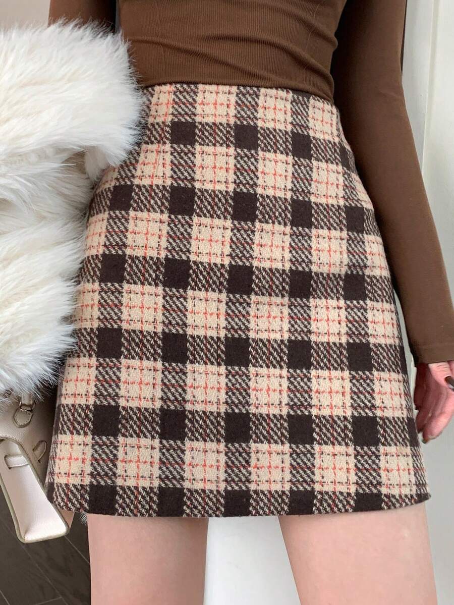 DAZY Women's Houndstooth High Waist Casual Versatile Skirt, Autumn/Winter - Coffee Brown - View 1