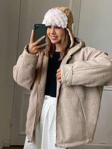 DAZY Áo khoác mùa đông nữ tay dài màu trơn có khóa kéo phía trước thường ngày có mũ trùm đầu - Màu Khaki - Xem 2