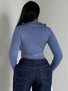Alexandranx Áo len cardigan cổ cao có khóa kéo, tay dài, họa tiết sọc, mùa xuân, thường ngày, phong cách Y2K thập niên 90, dễ thương, màu pastel, trang phục cơ bản, sân bay, ngày lễ, lễ hội, mùa thu, trở lại trường, mùa thu, mùa đông, hàng ngày, Giáng sinh, công sở, văn phòng - Màu xanh lam - Xem 2
