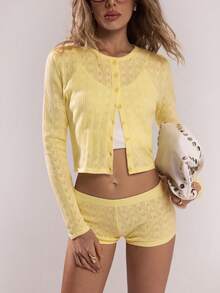 SHEIN BAE 2 Pieces Set,Women's Casual Pale Yellow Cute Lounge Knit Top And Low Waist Shorts,Autumn Fall Clothes For Women,Solid Color Fashion Sweaters Cardigans - Yellow - View 6