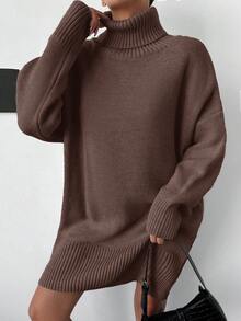 EURMUSE Đầm len dài tay cổ cao màu trơn thường ngày cho nữ - màu nâu - Xem 3
