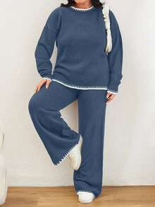 EURMUSE Color Block Edged Long Sleeve Sweater And Knitted Pants Two Pieces Set - Cadet Blue - View 5