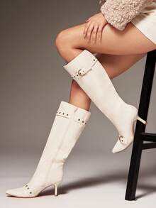 SHUZIA Giày bốt cao đến đầu gối có quai cài, mũi nhọn, gót nhọn quyến rũ dành cho nữ - trắng - Xem 2