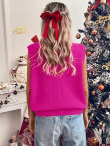 SHEIN LUNE Red Sleeveless Letter Embroidered Sweater Vest For Women For New Year Clothes - Hot Pink - View 2