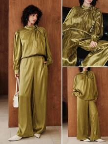 Uhlyne Uhlyne Women's Minimalist Jacquard Satin Blouse And Suit Pants Set - Army Green - View 1