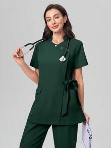 Scrubzie Anti-Wrinkle Short Sleeve Tie-Up Long Shirt And Long Pants Scrub Uniform Set - Dark Green - View 4
