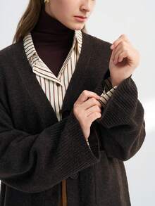 INAWLY 女式简约优雅纯色纽扣前开衫，双口袋，秋冬 - 咖啡棕 - 查看 4