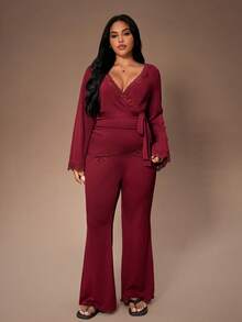 Lazeform 大码女式蕾丝拼接V领收腰喇叭长袖上衣和裤子睡衣套装，酒红色两件套家居服，女士两件套红色两件套，冬季服装 - 酒紅色 - 查看 4