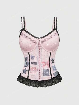 ROMWE Avant Canotta da donna retrò e carina con stampa a fiocco di mostro, patchwork in pizzo con strass e colore a contrasto