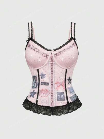 ROMWE Avant Camiseta de tirantes de mujer con estampado de lazo de monstruo retro lindo, parche de encaje y contraste de color con strass