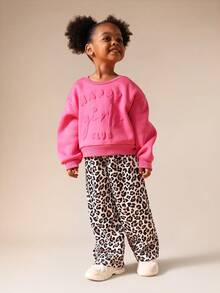 SUMWON Girls Boxy Pink Sweatshirt With Raised Text Design Pullover And Leopard Print Sweatpants Crew Neck Long Sleeve Top Vacation - Multicolor - View 1