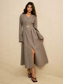 Poéselle Elegantes Damenkleid Einfarbig mit V-Ausschnitt, plissierten ausgestellten Ärmeln und geschlitztem Saum, Laternenärmelkleid, Langarmkleid - Khaki - Übersicht 6