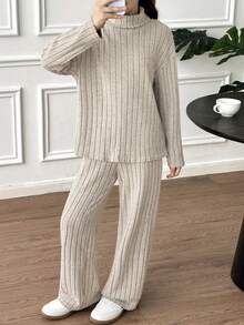 SHEIN مجموعة ملابس علوية كم طويل رقبة عالية مضلع مناسب وبنطال ساق واسعة مريح للفتيات المراهقات، للعودة إلى المدرسة، للارتداء اليومي أو التنسيق مع طبقات أخرى - كاكي - مشاهدة 6