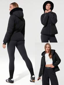 GLOWMODE Chilly Days Soft Lightweight Warm Water-Repellent Faux Fur Hood Down-Proof Belted Puffer Jacket Autumn Winter Outdoor Daily Casual - Black - View 10