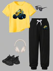 SHEIN 2pcs/Set Boys' Car Graphic Print Casual Comfortable Round Neck Short Sleeve T-Shirt And Pants Set, Suitable For All Seasons 4 Pcs Tween Boy Casual Car Graphic Print Sweatshirt And Tight Pants Boys Sweatpants Graphic And Shirt Boy Casual Sets Little Boys Casual Street Outfit Yellow Boys Outfit - Multicolor - View 5