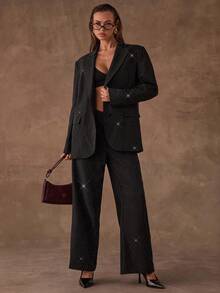 SHEIN BAE Women's Glitter Rhinestone Embellished Long Sleeve Elegant Party Blazer - Black - View 1
