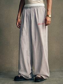 AXEPEAK 男士休闲宽松梭织条纹拼布腰带直筒裤，适合学校、秋季 - 卡其色 - 查看 3