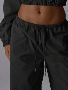 MUSERA 阔腿宽松抽绳腰尼龙裤，仅下装，优雅夜出性感可爱酷女孩街头风 Dawn - 黑色 - 查看 5