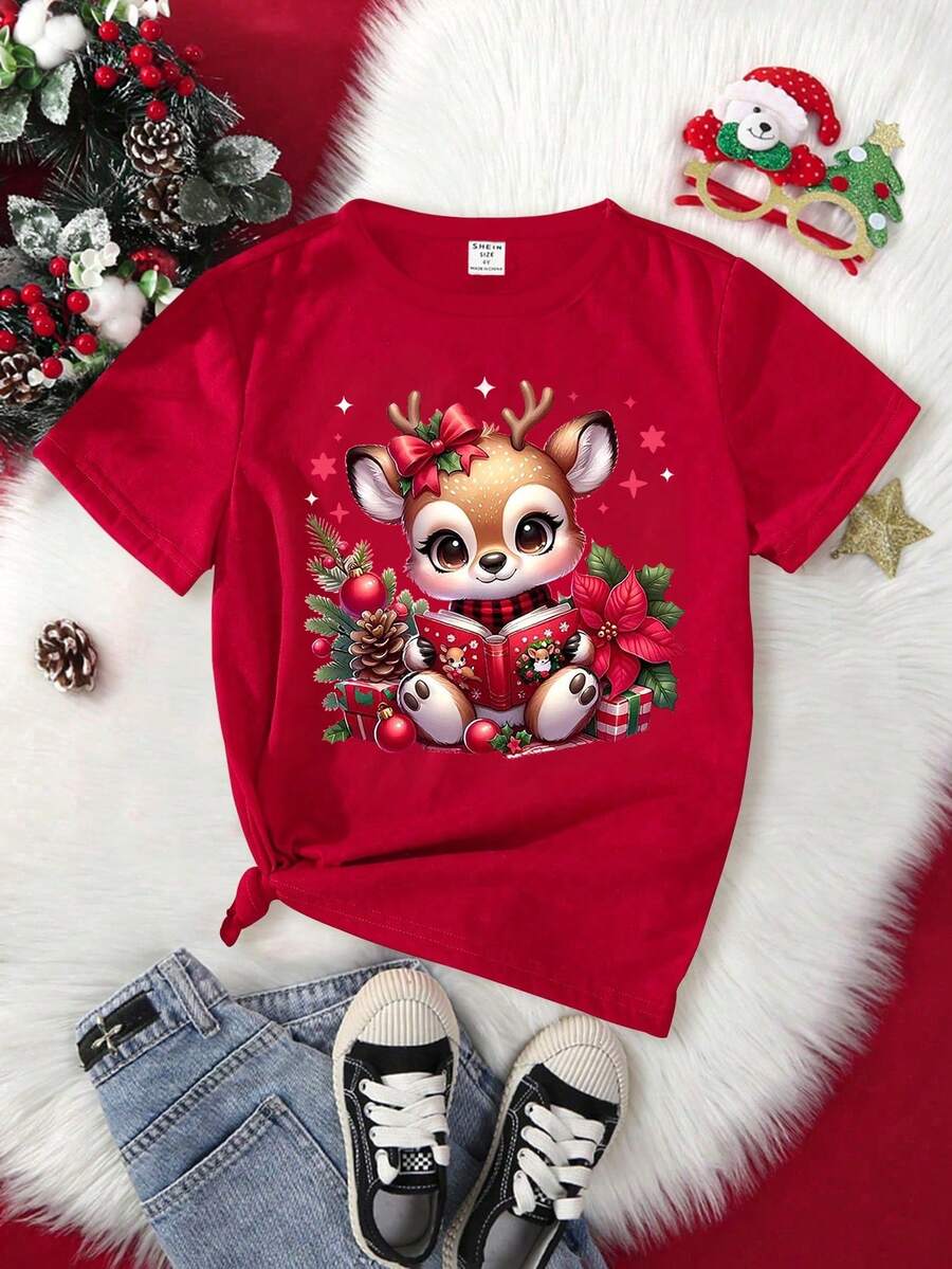 少女圣诞驯鹿阅读图案T恤，休闲宽松版型，驯鹿角和蝴蝶结设计，圆领，节日，圣诞节 - 紅色 - 查看 1