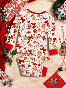 SHEIN Conjunto de ropa de hogar de manga larga con estampado de muñeco de nieve y hombre de jengibre en estilo lindo y crema, adecuado para niña bebé en otoño/invierno, ajuste ceñido, excelente para fiesta de Navidad, estilo callejero y uso en casa