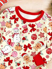 SHEIN Conjunto de ropa de hogar de manga larga con estampado de muñeco de nieve y hombre de jengibre en estilo lindo y crema, adecuado para niña bebé en otoño/invierno, ajuste ceñido, excelente para fiesta de Navidad, estilo callejero y uso en casa