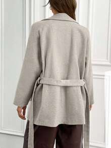 Women's Solid Belted Short Good Quality Elegant Wool Coat - Beige - View 2