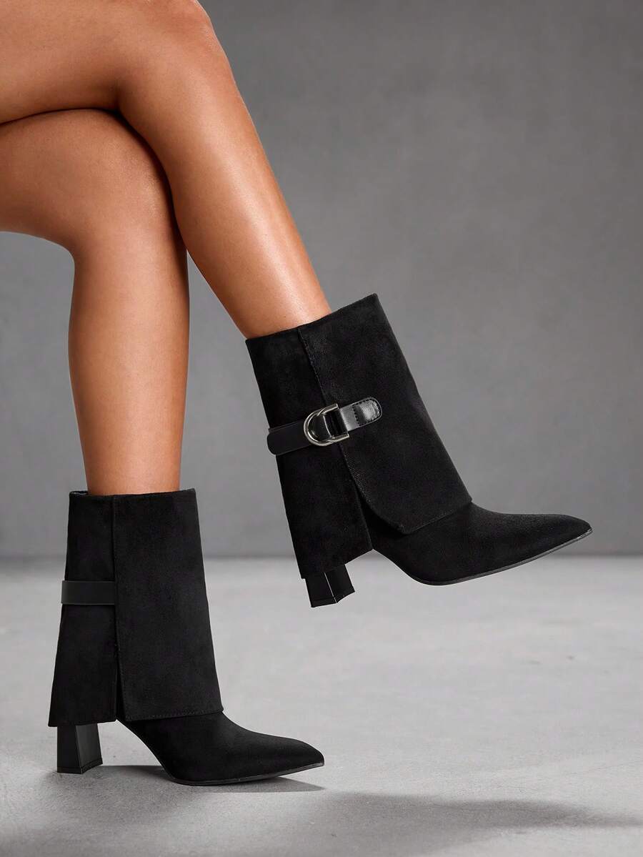 CUCCOO SZL 女士时尚黑色天鹅绒尖头搭扣带街头时尚中筒靴 - 黑色 - 查看 1