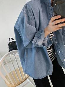 DAZY Women's Solid Color Loose Turndown Collar Denim Blouse, Spring/Autumn Long Sleeve Women - Blue - View 8