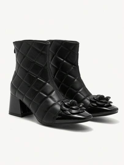 CUCCOO CHICEST 圆头粗跟花卉拼接女士踝靴和短靴，适合圣诞节和新年假期