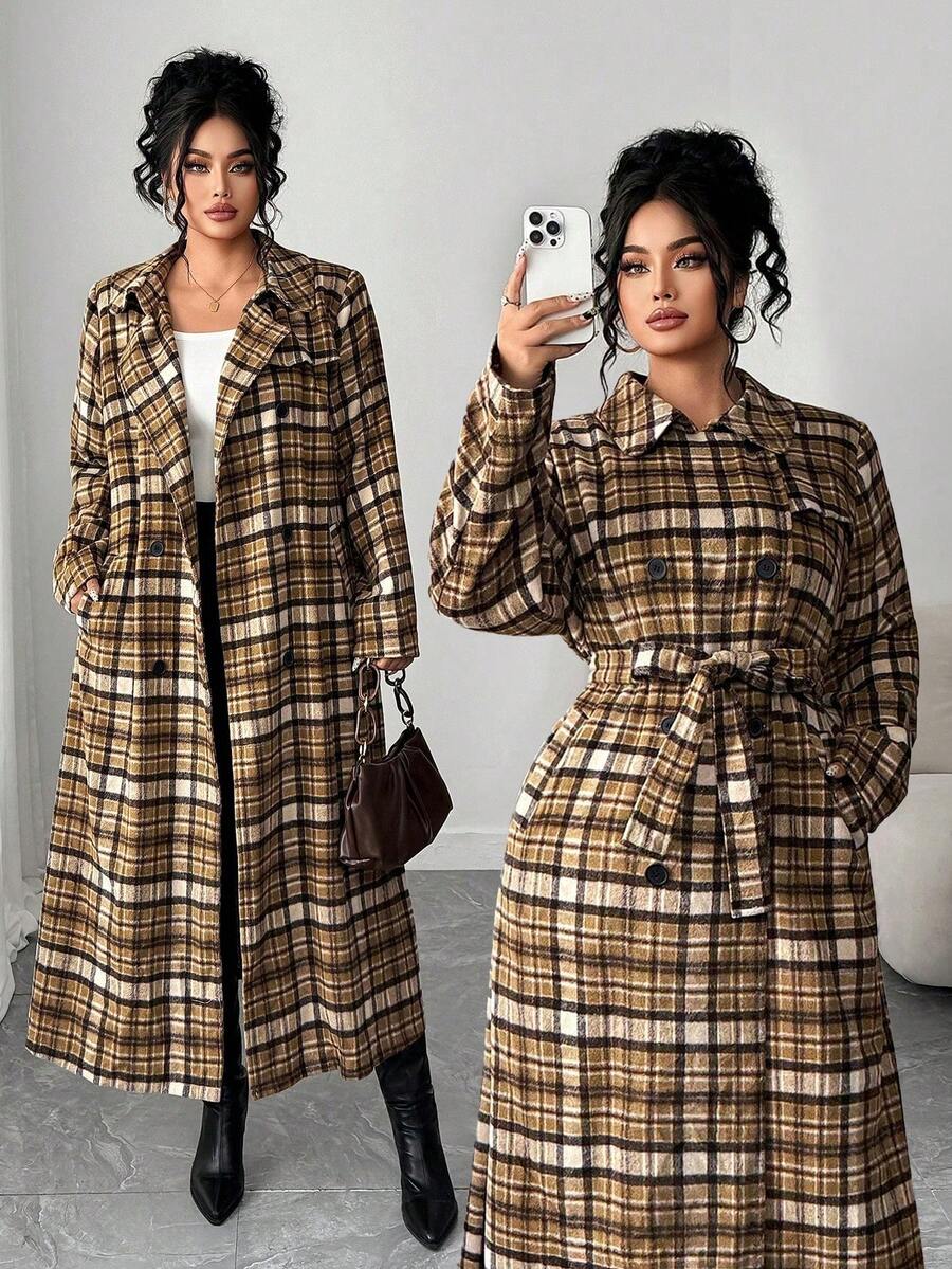 Elenzga 大码女式休闲复古格子翻领双排扣长袖长外套，适合日常穿着，秋冬季 - 彩色 - 查看 1