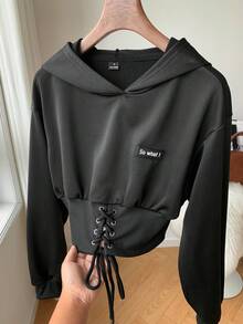 Comfortcana Áo nỉ có mũ trùm đầu in chữ chéo đơn giản dành cho nữ vào mùa thu/đông - màu đen - Xem 1