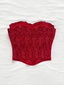 Soleia Damen Urlaub rotes sexy gerafftes strukturiertes Stoff Bandeau Volant Bodycon Top, für Party, Date Night, Valentinstag, Nachmittagstee