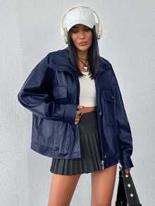 EURMUSE PU Leather Stylish Hidden-Fly Detailed Women's Jacket - Navy Blue - View 5