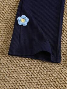 Elladie kids 2 件套女童简约时尚通勤拼接 3D 花卉装饰长袖上衣和喇叭裤套装，适合春秋季 - 藍色 - 查看 9