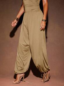 Hauture 女式性感夏季度假针织无袖侧褶抽绳下摆连体裤 - 杏色 - 查看 5