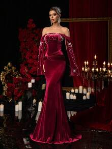 Glamrae Women's Burgundy Luxury Velvet Dress,Handcrafted Pearl Embellishments,Off-The-Shoulder Long Open Sleeves,Fishtail Hem With Train Evening Gown,Party - Burgundy - View 5
