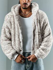 ROMWE MEN Street Life Men's Reversible Fleece Hooded Sweatshirt, Long Sleeve Top - Beige - View 5