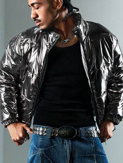 Street Life معطف طويل الأكمام مبطن دافئ مع سحاب وياقة عالية، بألوان معدنية، للشتاء