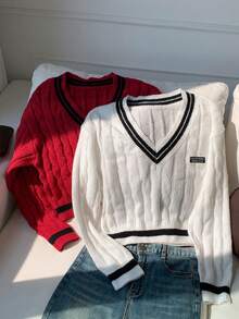 Attitoon 2 pièces Pull ample à manches longues col V avec lettre brodée, couleur contrastée. Convient pour l'automne/l'hiver, les vacances de printemps, les voyages entre filles, la saison de remise des diplômes, vintage, académique, polyvalent, sexy, mignon, Y2K, Coconut Girl, bohème, hippie, festival de musique - Multicolore - Voir 5