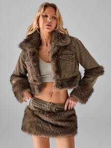 TRNVIE Women's Casual Fuzzy Trim Denim Jacket - Brown - View 5