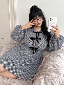 CovetEZ 大码黑白格子泡泡袖蝴蝶结领娃娃裙 - 黑與白 - 查看 7