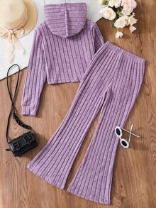 SHEIN Tween Girl Solid Color Ribbed Knit Hoodie And Flared Pants Set - Mauve Purple - View 2