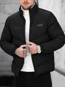 Manfinity CasualCool Áo khoác nam cổ đứng màu đen có khóa kéo, đệm lót, thiết kế xếp ly, phong cách đường phố thường ngày, đa năng, quà tặng bạn trai, áo khoác ngoài - màu đen - Xem 5