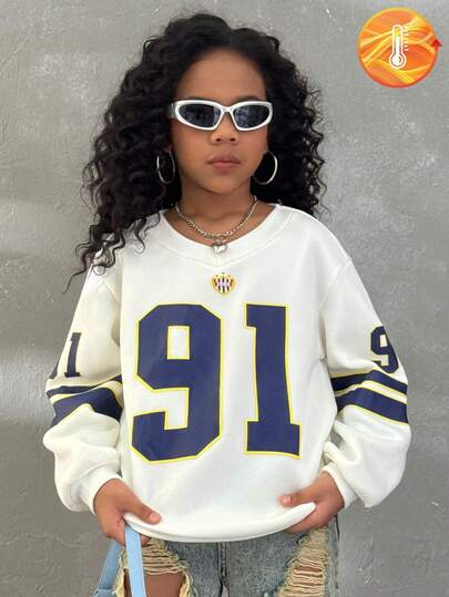 Coolane Tween Girls Fall/Winter,Merican Streetwear Essentials Daily Wear  Comfortable Microfleece, Preppy Chic Essentials,Warm/ Cold Weather/ Thermal Casual White Versatile Long Sleeve V-Neck With Number Print  Sweatshirt,Perfect Outdoor Wear,Christmas, Clothes For New Year,Baby's Favorite