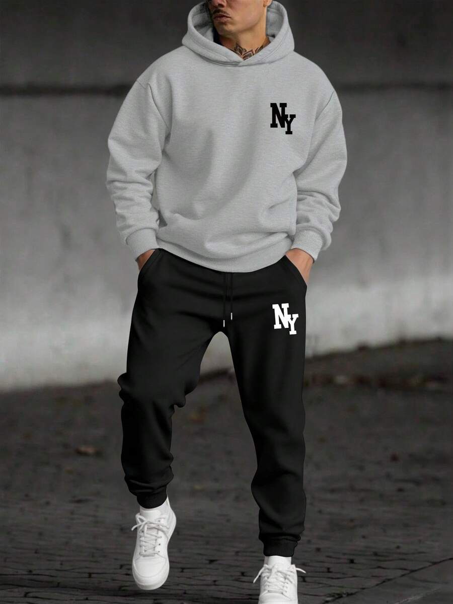 Manfinity Homme 男士纽约字母印花休闲简约通勤卫衣和运动裤套装（2件套），秋冬季，保暖内衬 - 彩色 - 查看 1