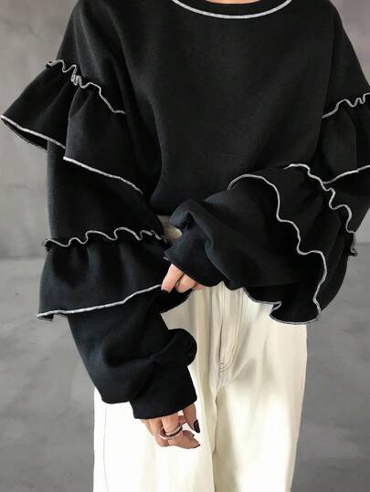 FRIFUL Women's Casual Loose Fit Layered Patchwork Thermal Lined Thick Sweatshirt, Street Style, Autumn