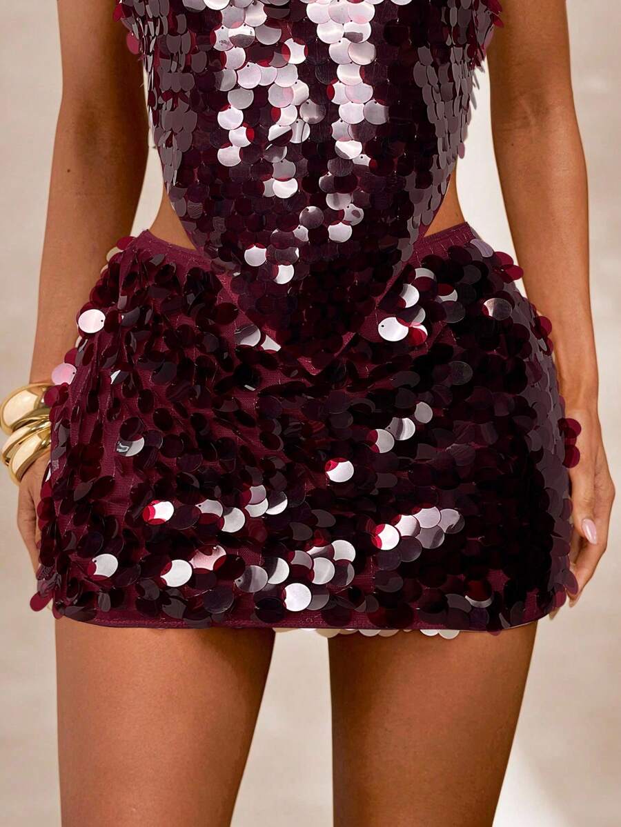 SHEIN BAE Fustă mini ajustată cu talie joasă, model caisă, cu paiete și decor de scoici, fustă cu paiete de scoici, fustă de plajă, fustă elegantă de vară, festival de muzică, petrecere