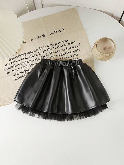 SHEIN Playful Pals The New Black A-Line Skirt Of Baby Girls, With Mesh Lace Accessories Embellished With The Hem, Which Is Comfortable, Fashionable, Elegant, Sweet And Cute, A Must-Have For Daily Travel.