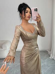 Rafferiza 女式优雅派对性感深V领天鹅绒金属装饰修身高开衩连衣裙 - 香檳色 - 查看 4